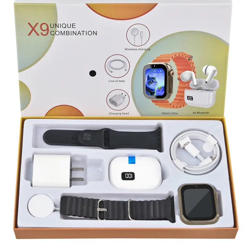 6-In-1 Smartwatch Kit: Smartwatch, Bluetooth Headphones, 20W Fast Charger, Type-C Fast-Charging Cable, Adapter, and Audio Support—Compact and Portable. Headphone Device.