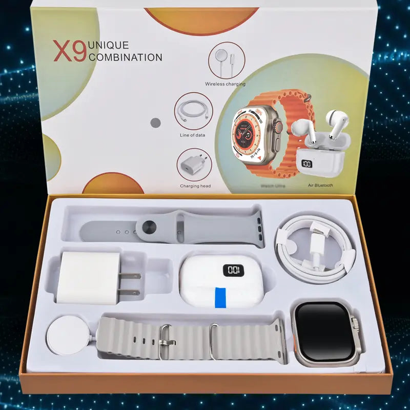 6-In-1 Smartwatch Kit: Smartwatch, Bluetooth Headphones, 20W Fast Charger, Type-C Fast-Charging Cable, Adapter, and Audio Support—Compact and Portable. Headphone Device.