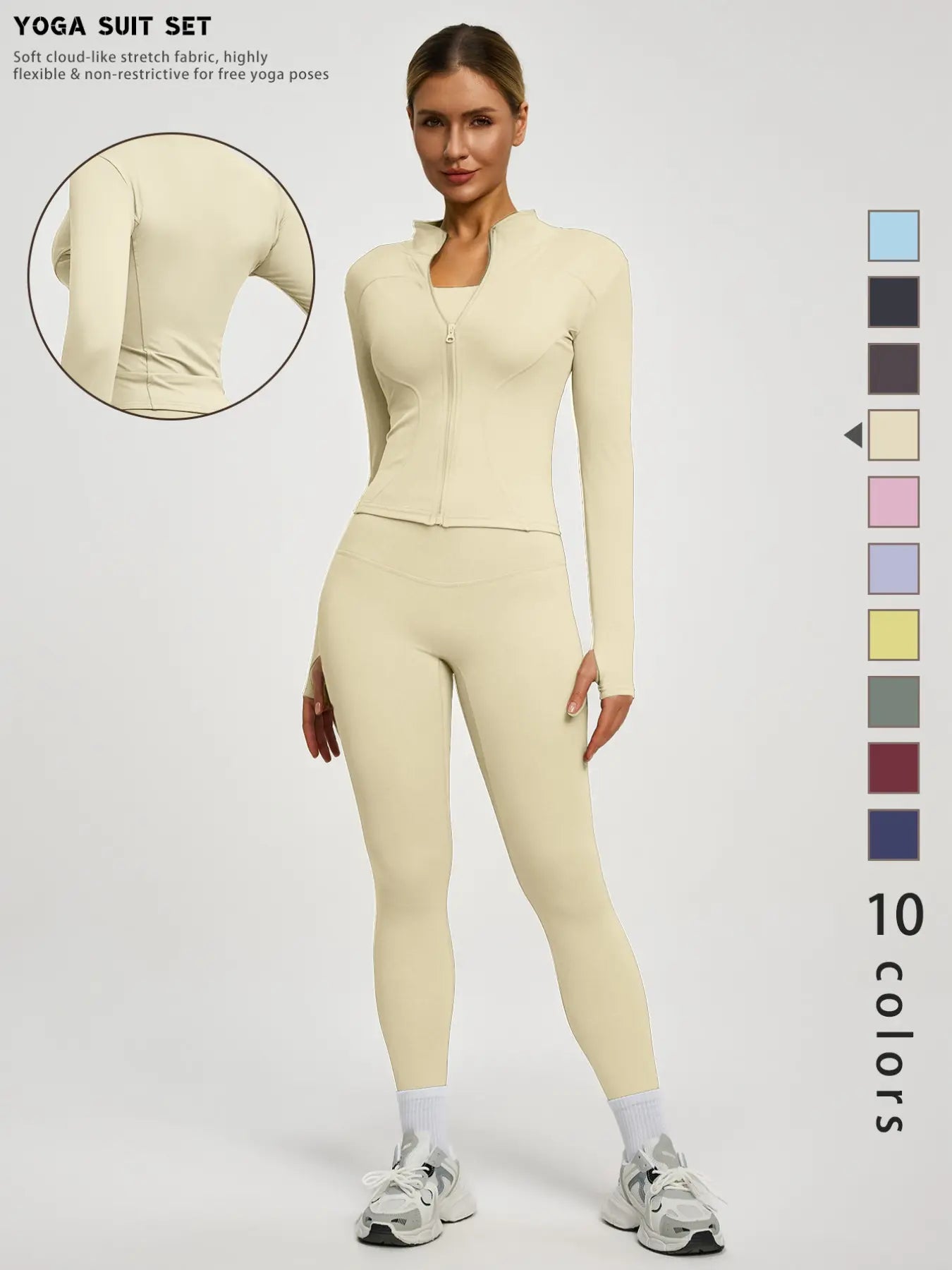 New Women'S Solid Color Casual Fashion High-End Long Sleeve Quick-Dry Sports Set, Yoga Essential Jacket, Elastic Tight Yoga Pants, Activewear Clothing