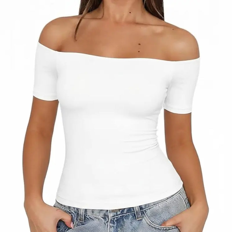 Fisoew Sports 2026 Summer Spring Women'S Off-Shoulder Y2K Yoga Short-Sleeve T-Shirt, High Elasticity, Solid Color, Slim Fit Basic Style, Suitable for Home, Parties, Commuting, Travel, Springstatements
